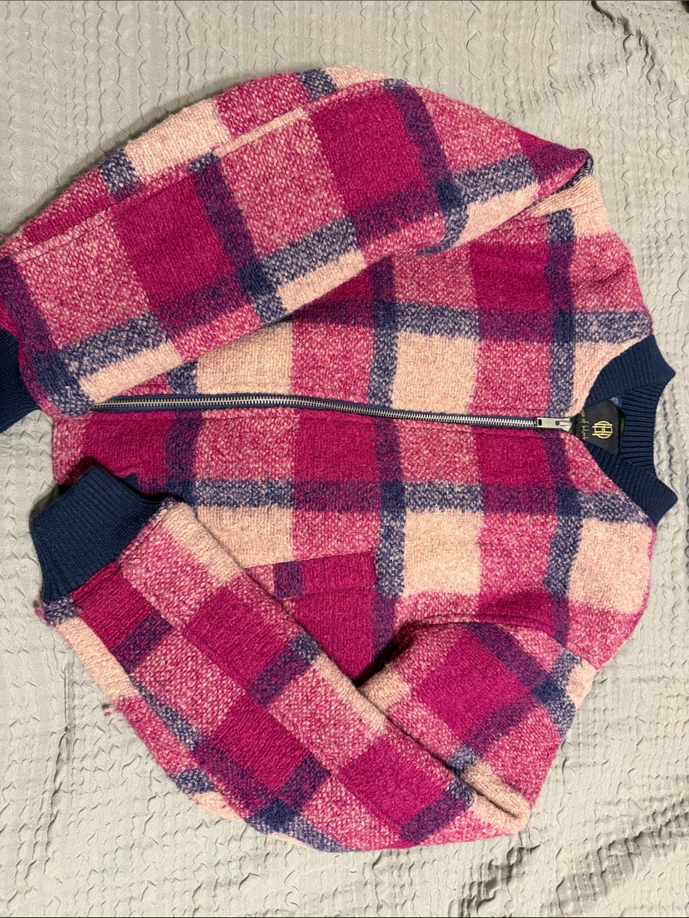 House of Harlow 1960 Pink Navy Plaid Zip Bomber Jacket